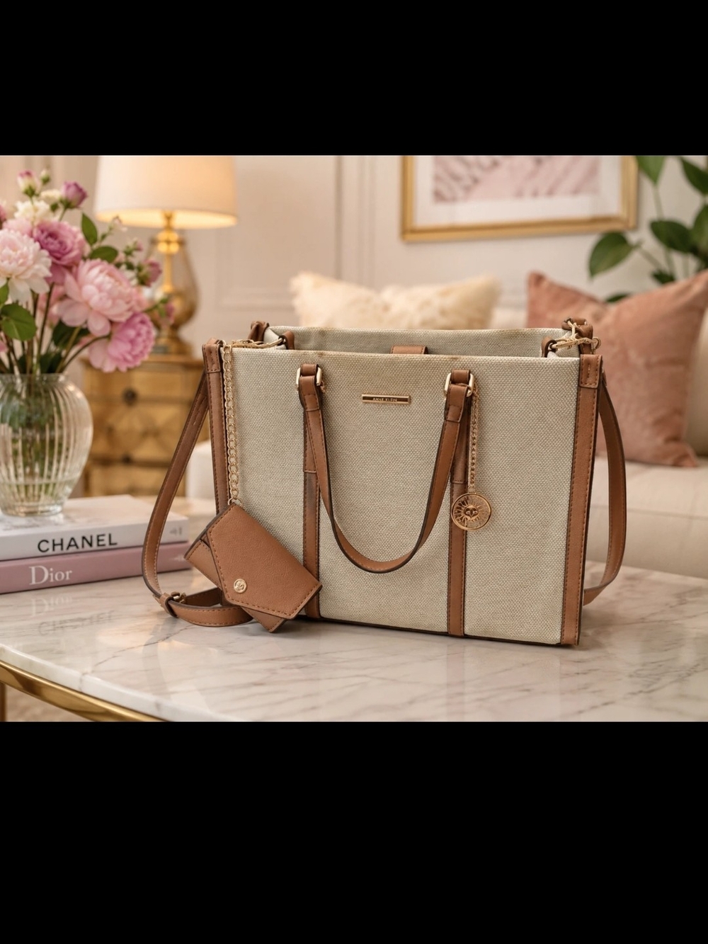 Anne Klein Tote with Tan Leather Trim - Elegant Everyday Shoulder Bag